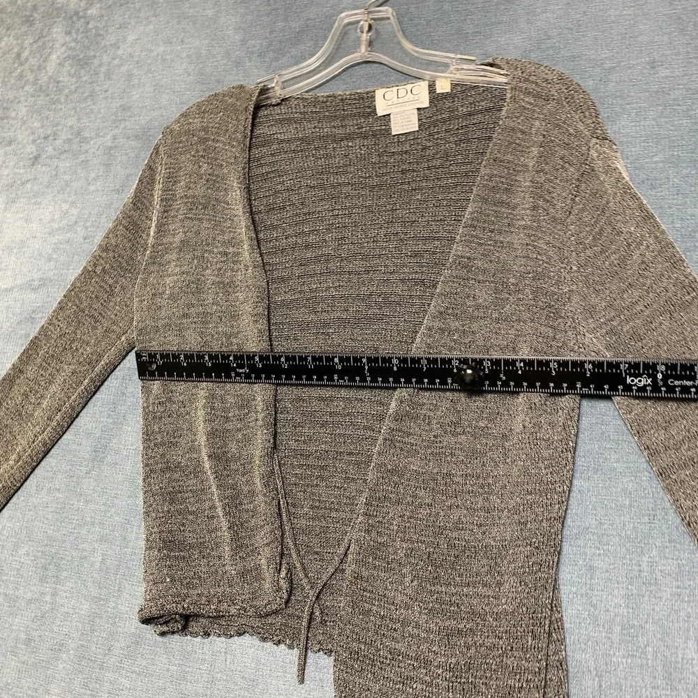 CDC Cardigan Sweater Womens L Heather Gray Metallic Knit Scalloped Hem Tie Front
